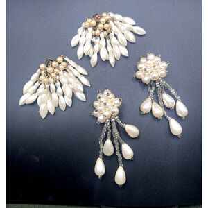 Unique 1950s Set of 2 Lot Dangle Beaded Cluster Pearl Clip-on Earrings